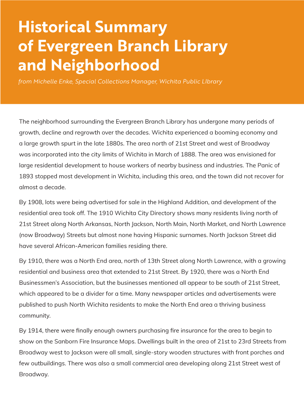 Historical Summary of Evergreen Branch Library and Neighborhood from Michelle Enke, Special Collections Manager, Wichita Public Library