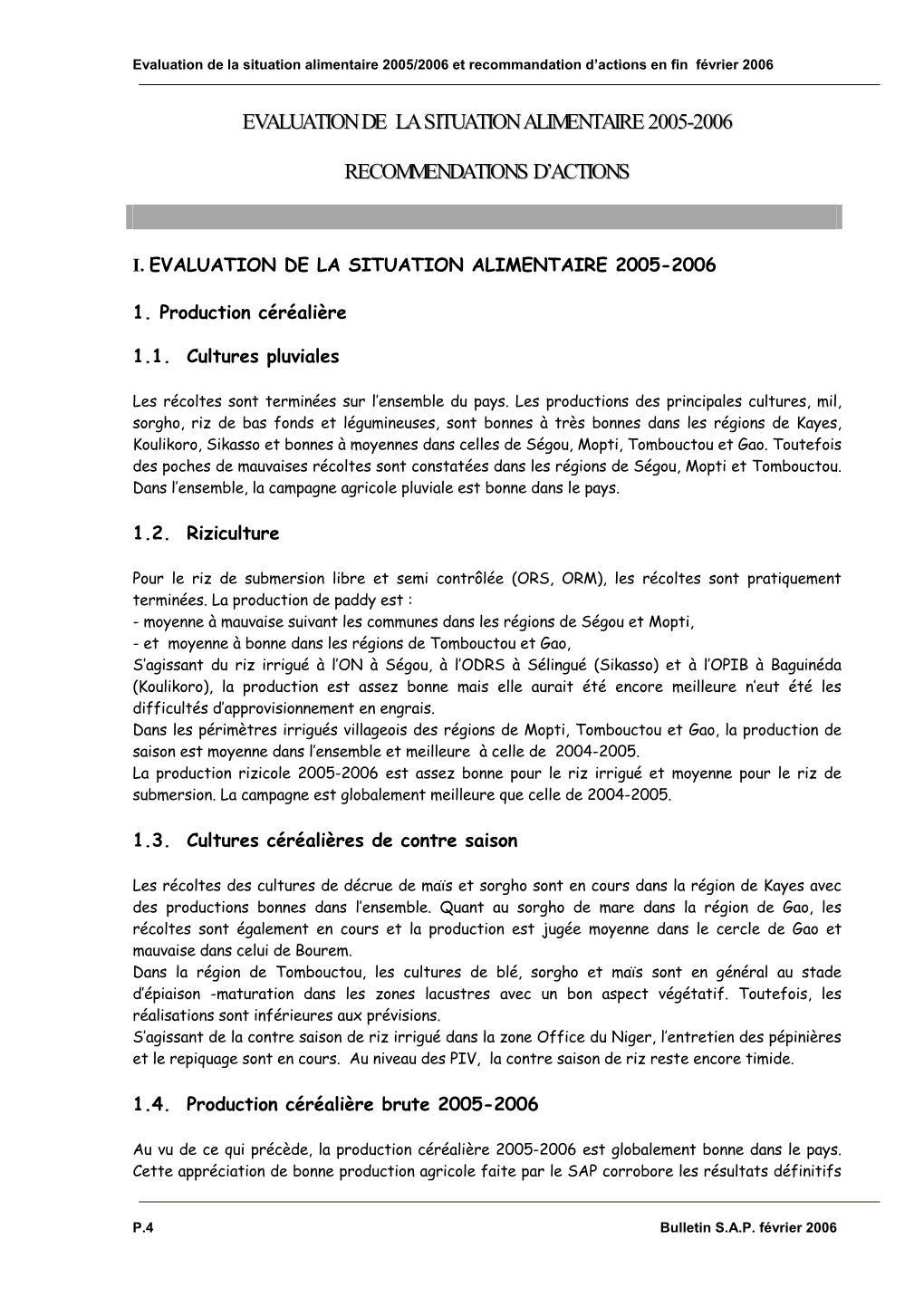 Evaluation De La Situation Alimentaire 2005-2006 Recommendations D'actions