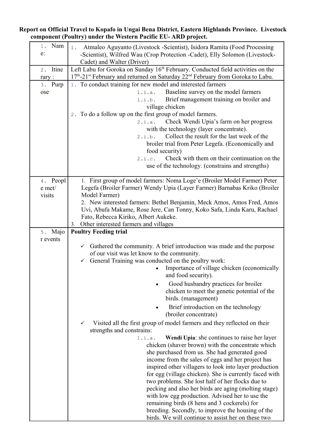 Report on Official Travel to Kopafo in Ungai Bena District, Eastern Highlands Province