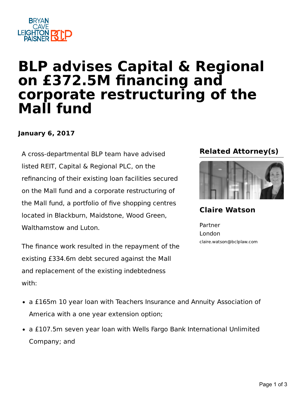 BLP Advises Capital & Regional on £372.5M Financing and Corporate