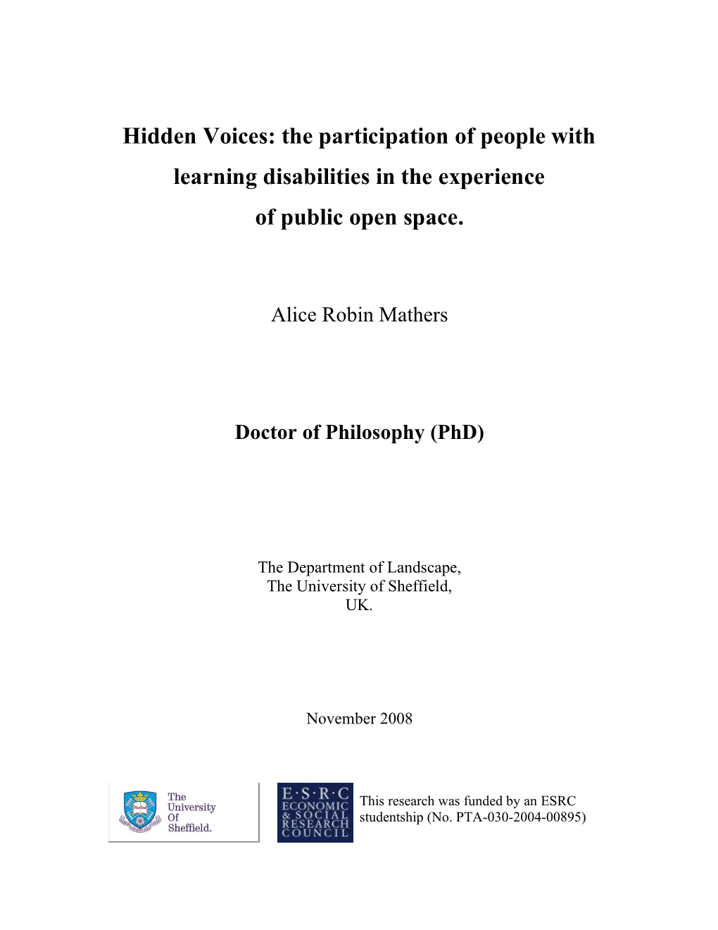 Hidden Voices: the Participation of People with Learning Disabilities in the Experience of Public Open Space