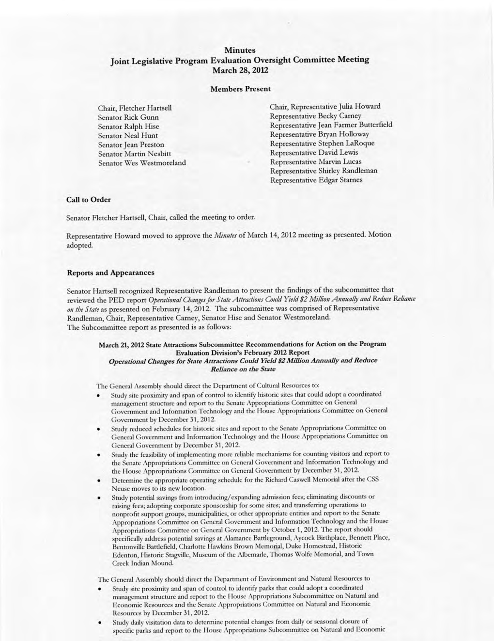 Minutes Joint Legislative Program Evaluation Oversight Committee Meeting March 28, 2012