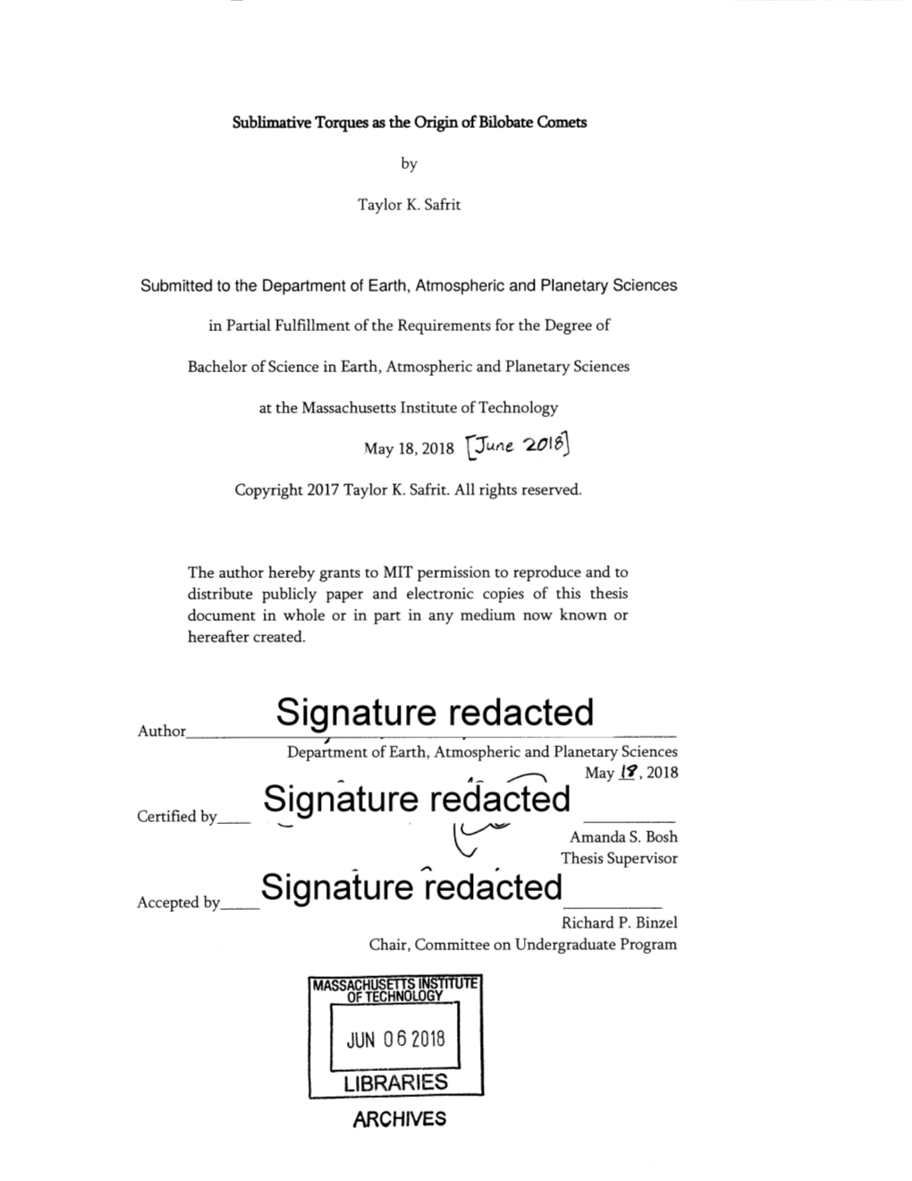 Signature Redacted Department of Earth, Atmospheric and Planetary Sciences Viay - , 2018