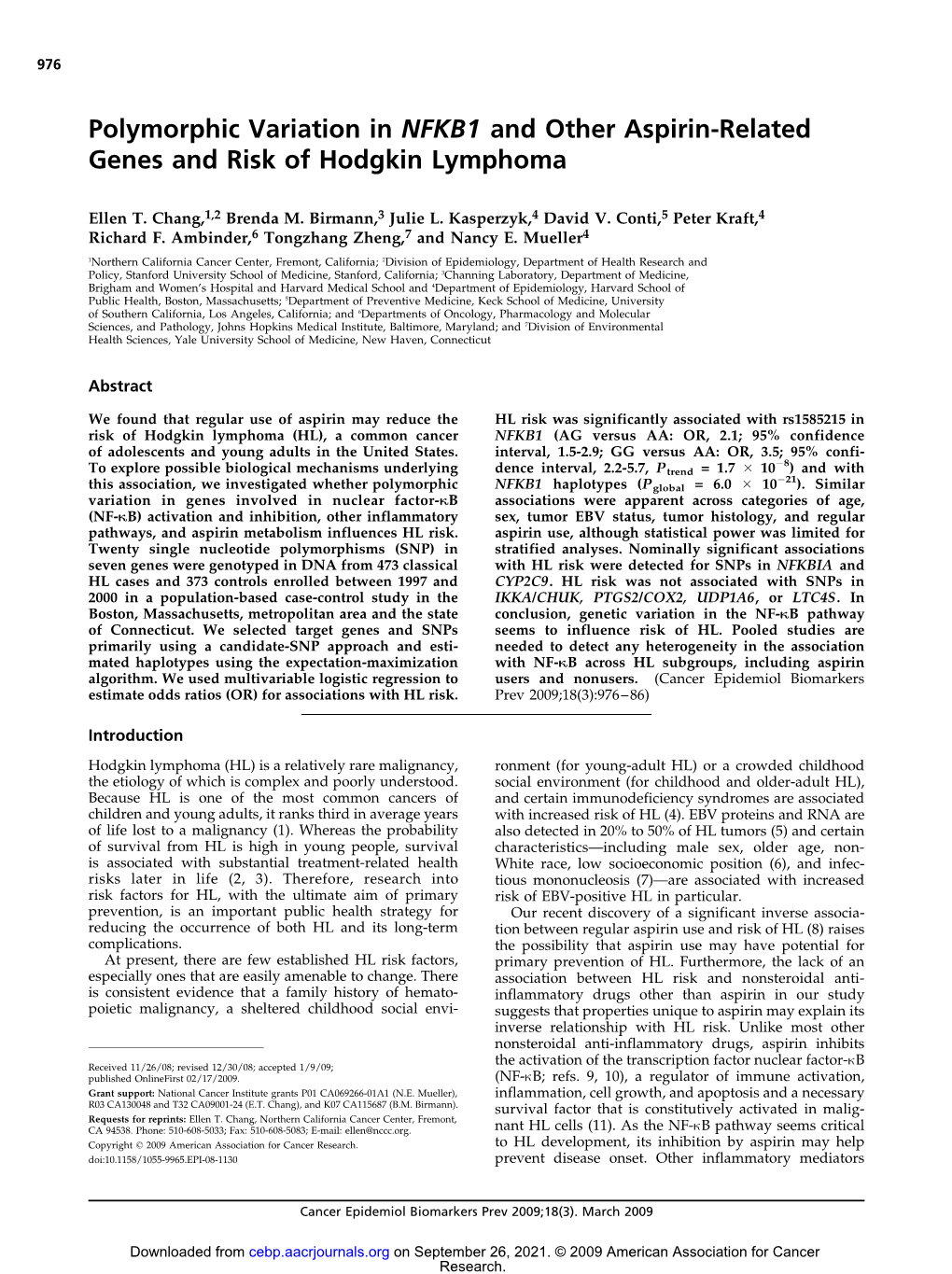 Polymorphic Variation in NFKB1 and Other Aspirin-Related Genes and Risk of Hodgkin Lymphoma