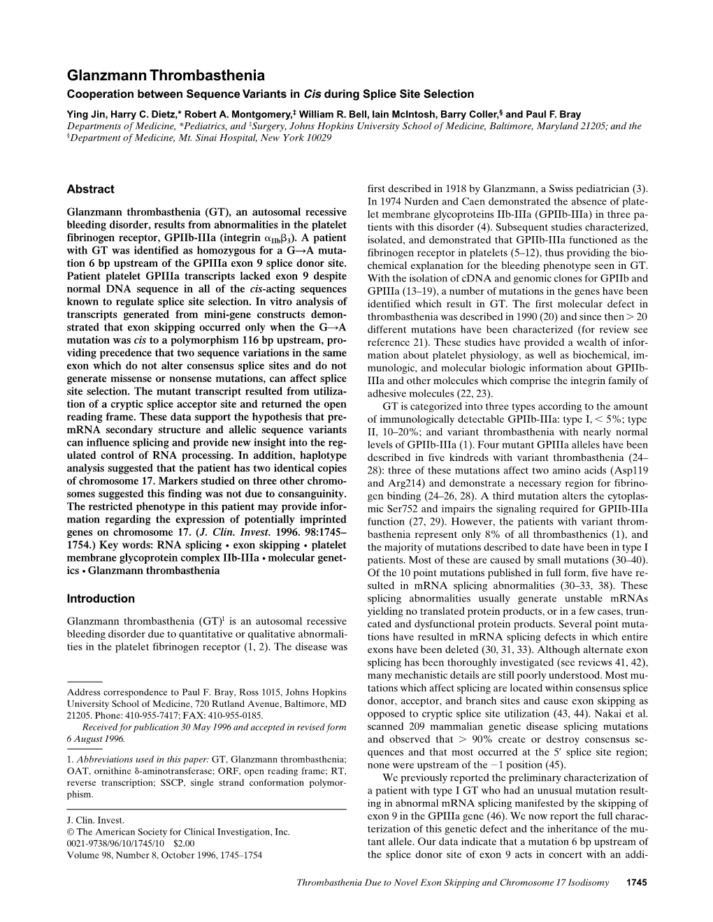 Glanzmann Thrombasthenia Cooperation Between Sequence Variants in Cis During Splice Site Selection Ying Jin, Harry C