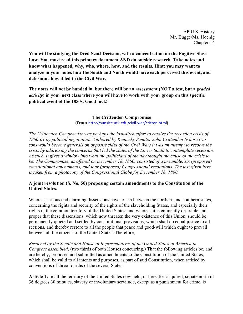 The Crittenden Compromise Document