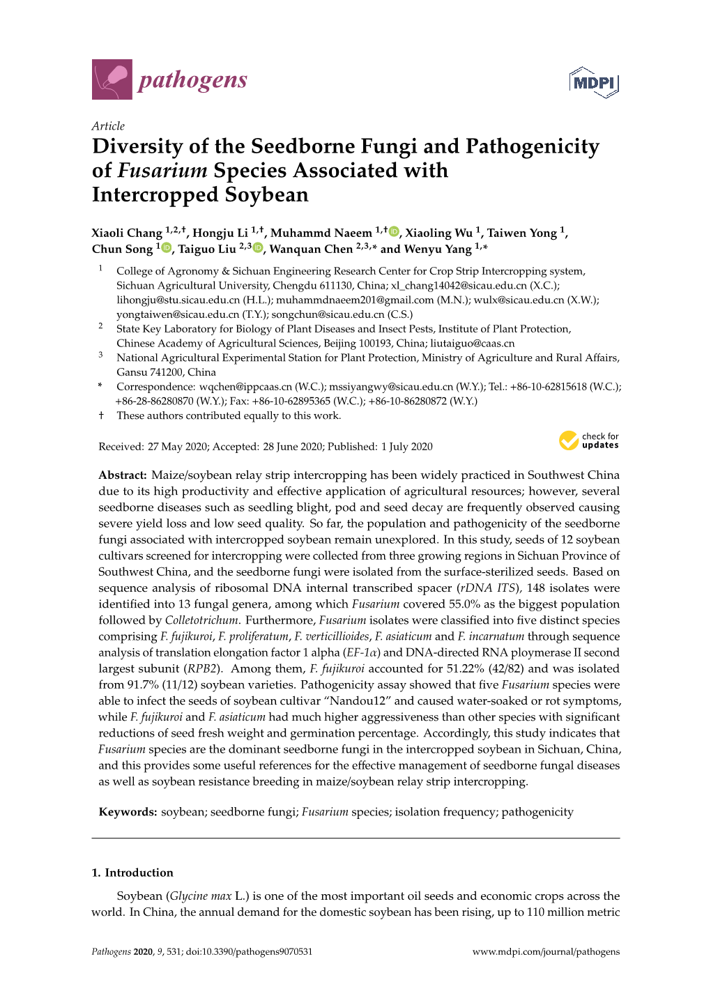 Diversity of the Seedborne Fungi and Pathogenicity of Fusarium Species Associated with Intercropped Soybean