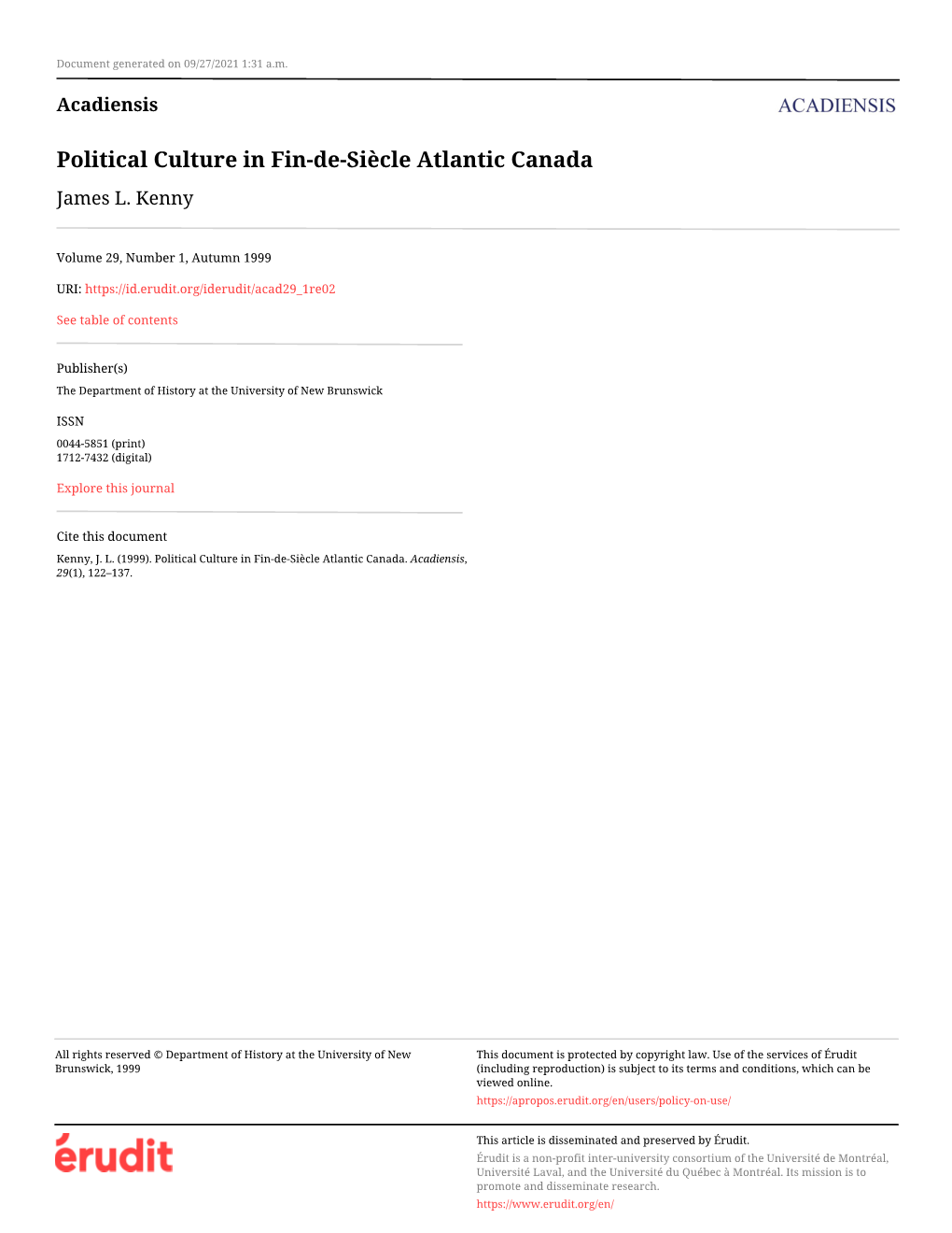 Political Culture in Fin-De-Siècle Atlantic Canada James L