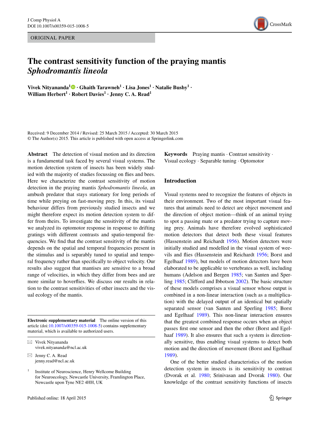 The Contrast Sensitivity Function of the Praying Mantis Sphodromantis Lineola