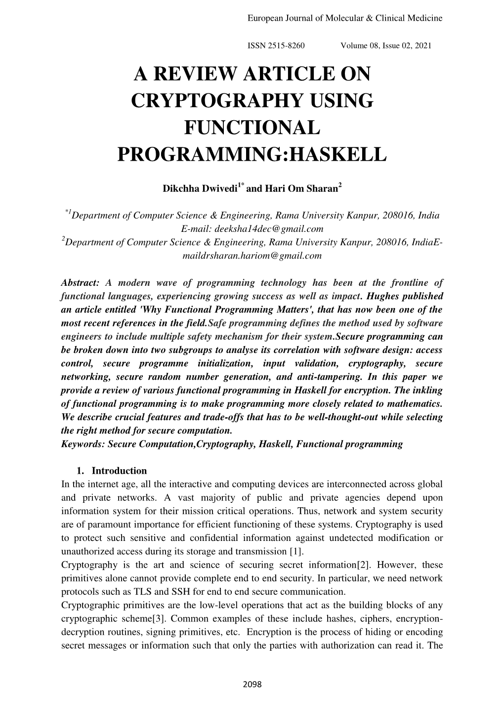 A Review Article on Cryptography Using Functional Programming:Haskell