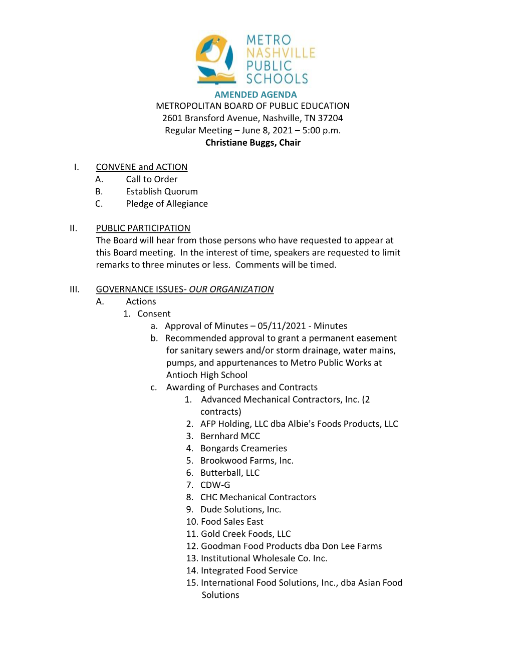 Amended Agenda I. Metropolitan Board Of