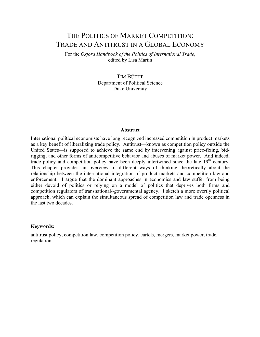 THE POLITICS of MARKET COMPETITION: TRADE and ANTITRUST in a GLOBAL ECONOMY for the Oxford Handbook of the Politics of International Trade, Edited by Lisa Martin