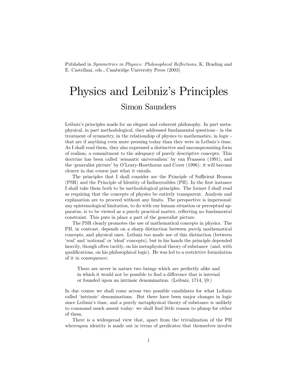 Physics and Leibniz's Principles