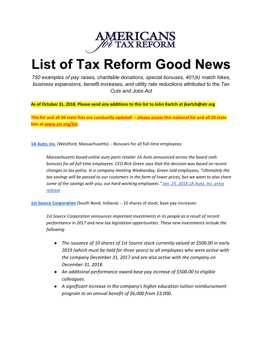 List of Tax Reform Good News
