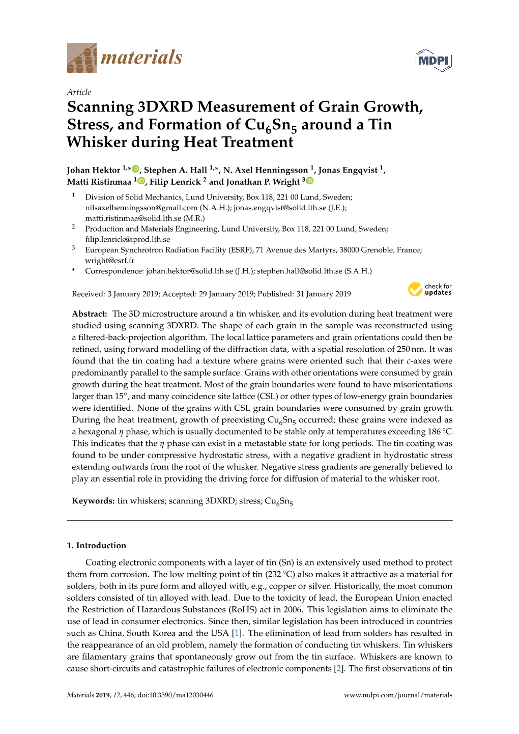 Scanning 3DXRD Measurement of Grain Growth, Stress, and Formation of Cu6sn5 Around a Tin Whisker During Heat Treatment