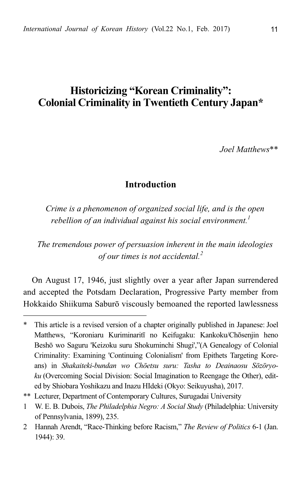 Colonial Criminality in Twentieth Century Japan*