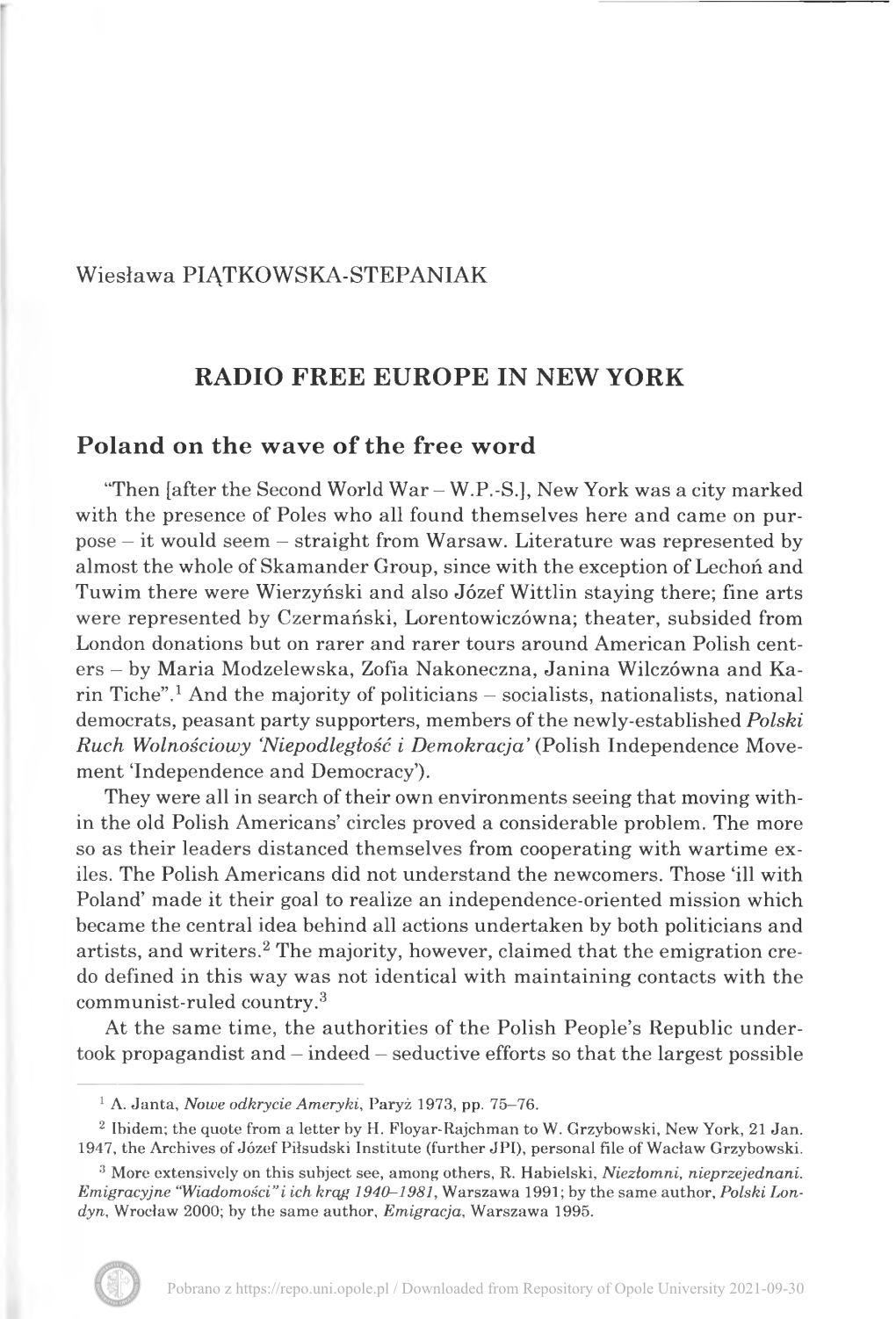 RADIO FREE EUROPE in NEW YORK Poland on the Wave of The