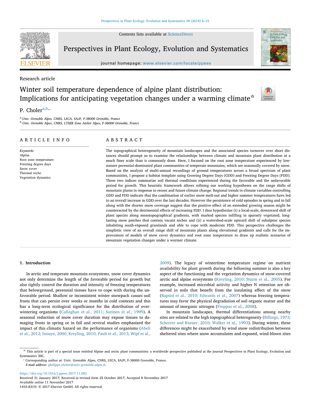 Winter Soil Temperature Dependence of Alpine Plant Distribution: ☆ T Implications for Anticipating Vegetation Changes Under a Warming Climate