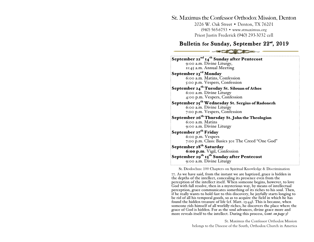 St. Maximus the Confessor Orthodox Mission, Denton Bulletin for Sunday