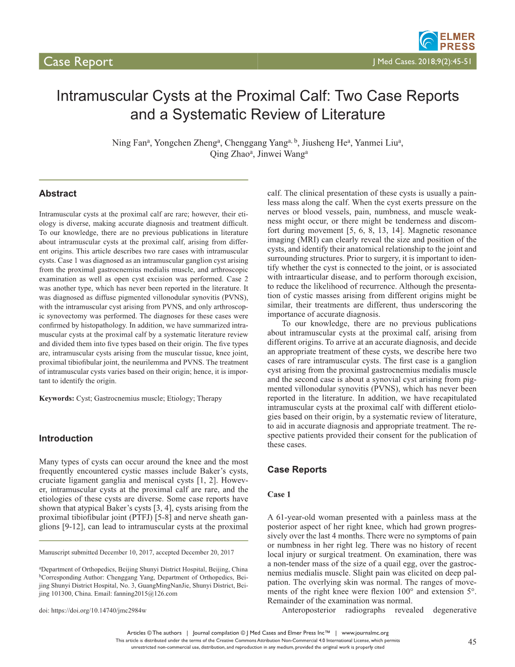 Intramuscular Cysts at the Proximal Calf: Two Case Reports and a Systematic Review of Literature