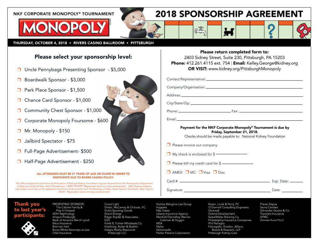 Please Select Your Sponsorship Level: 2403 Sidney Street, Suite 230, Pittsburgh, PA 15203 Phone: 412.261.4115 Ext