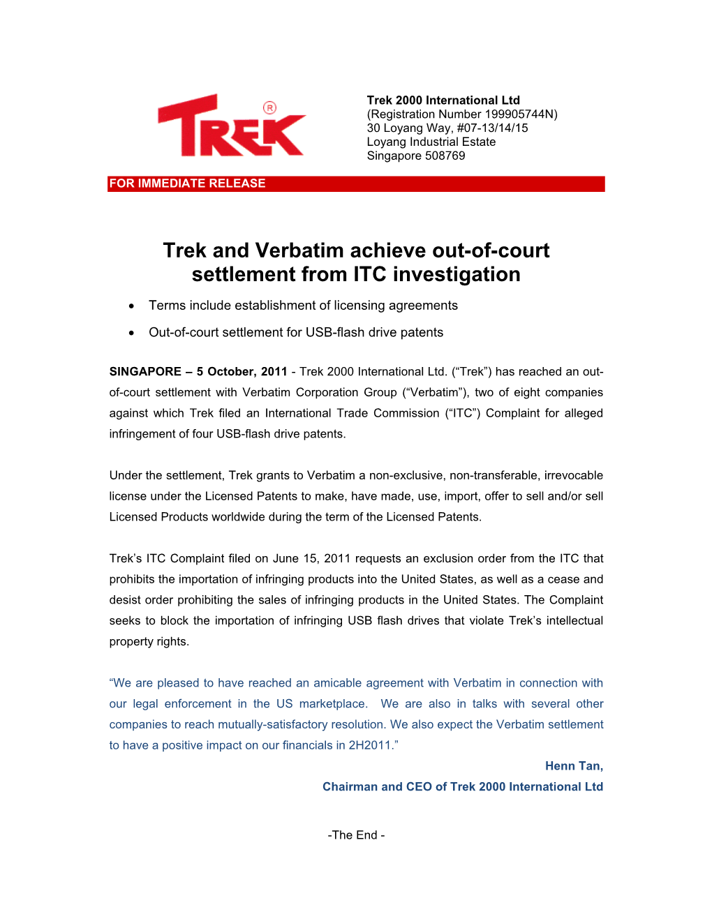Trek and Verbatim Achieve Out-Of-Court Settlement from ITC Investigation