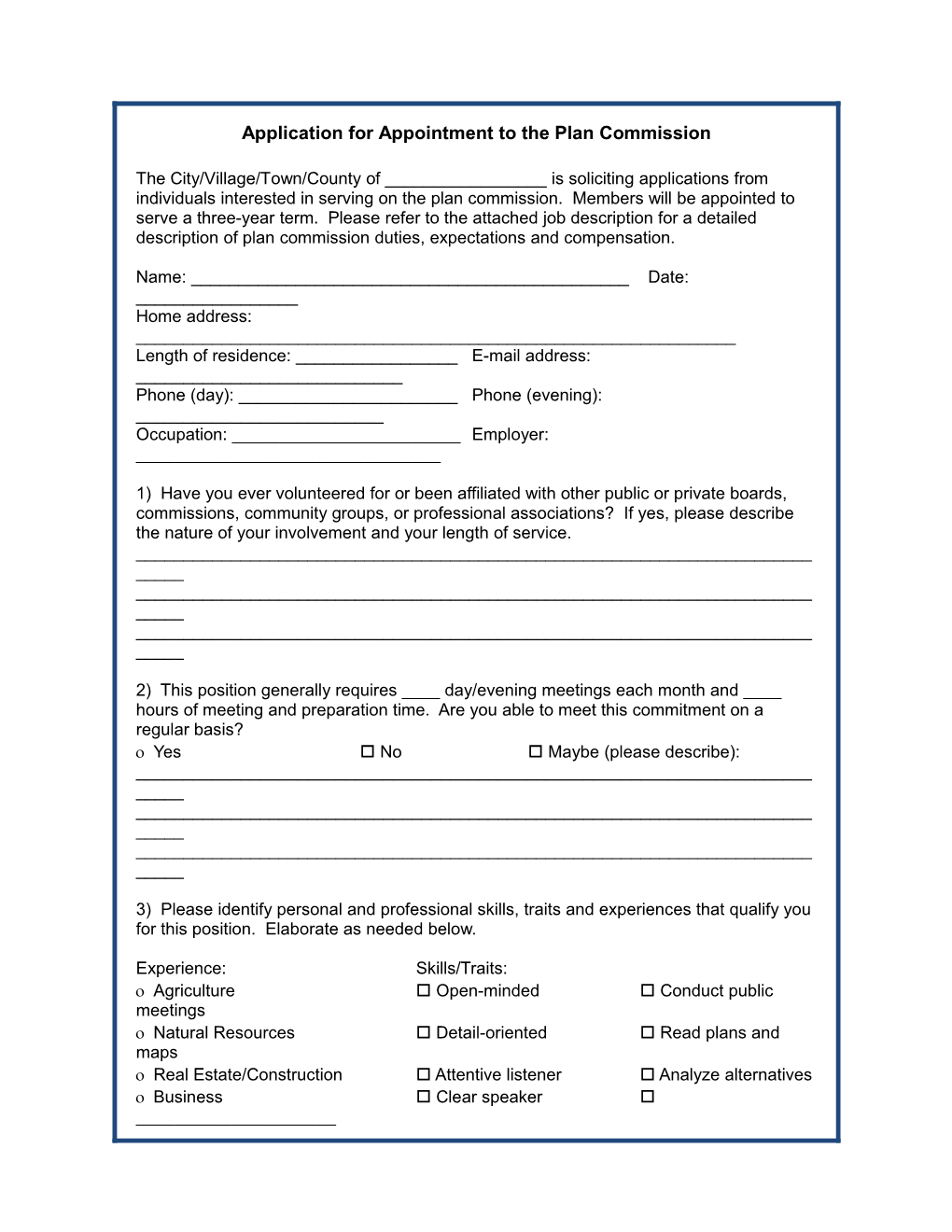 Application for Appointment to the Plan Commission