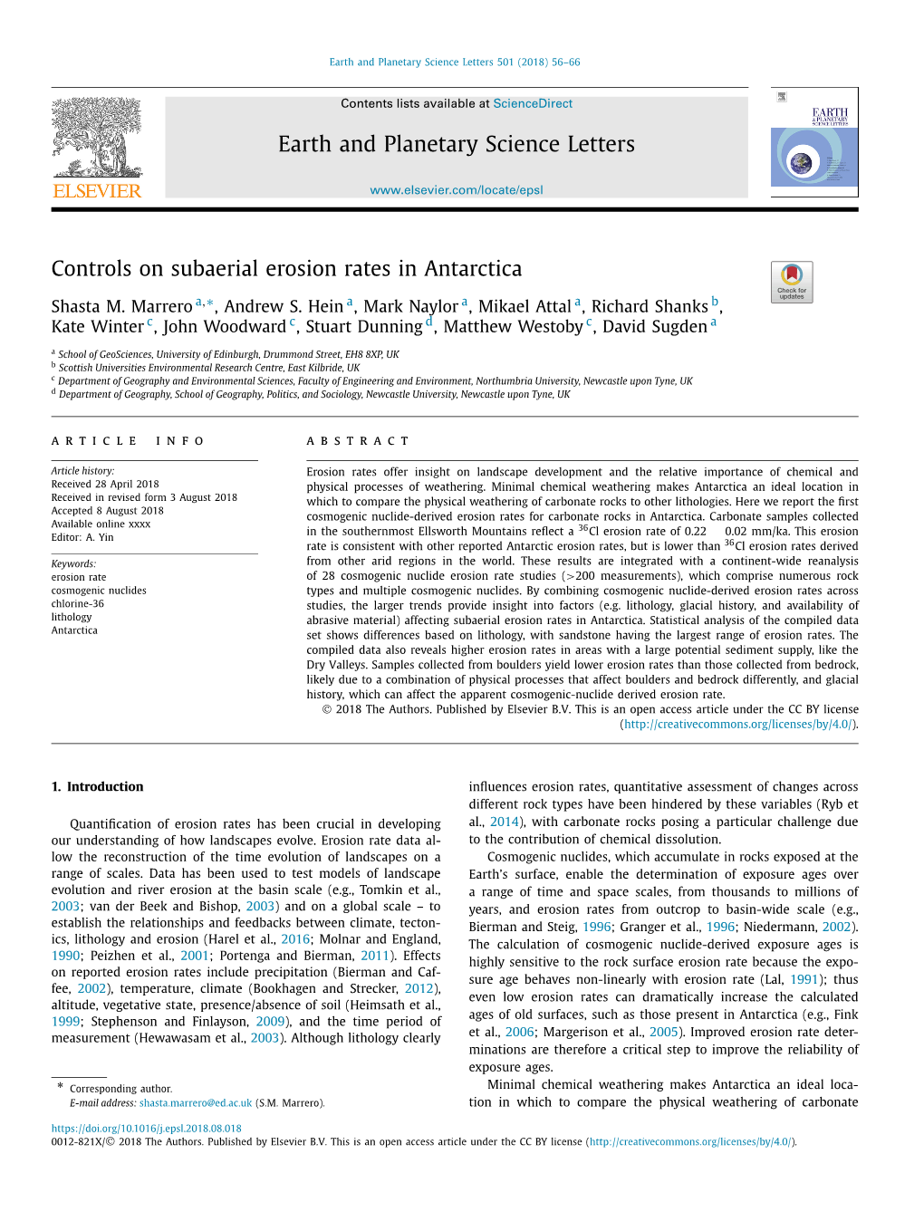 Controls on Subaerial Erosion Rates in Antarctica ∗ Shasta M