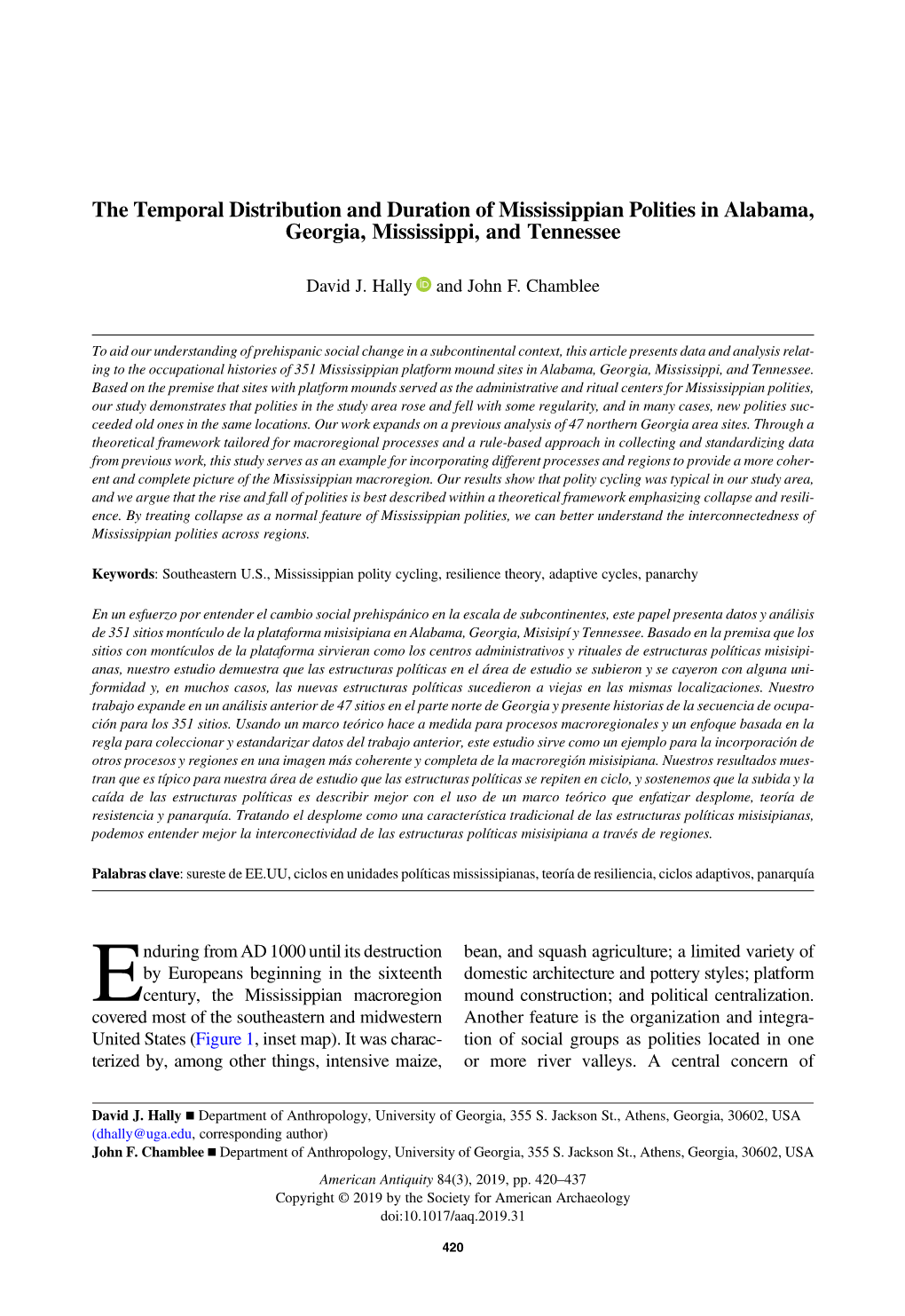 The Temporal Distribution and Duration of Mississippian Polities in Alabama, Georgia, Mississippi, and Tennessee