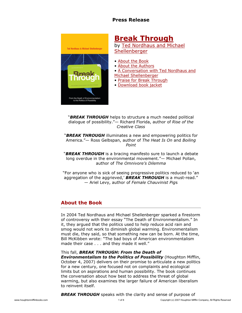 Press Release for Break Through Published by Houghton Mifflin