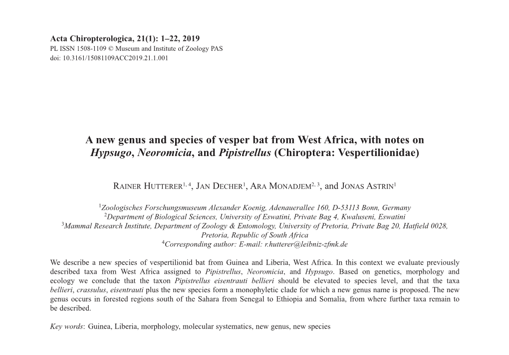 A New Genus and Species of Vesper Bat from West Africa, with Notes on Hypsugo, Neoromicia, and Pipistrellus (Chiroptera: Vespertilionidae)