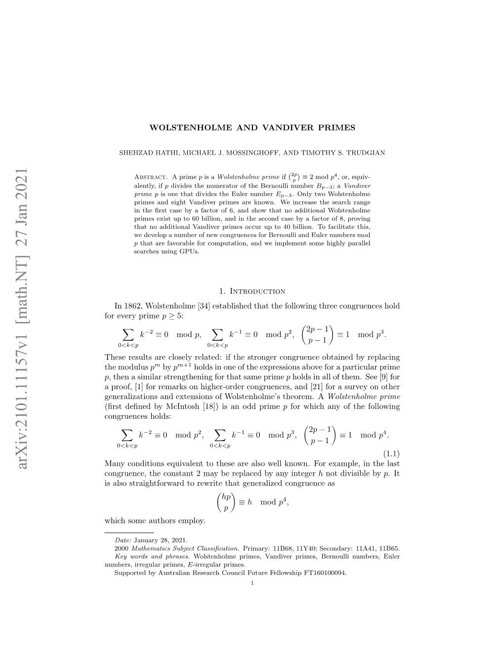 Arxiv:2101.11157V1 [Math.NT] 27 Jan 2021 Congruence, the Constant 2 May Be Replaced by Any Integer H Not Divisible by P