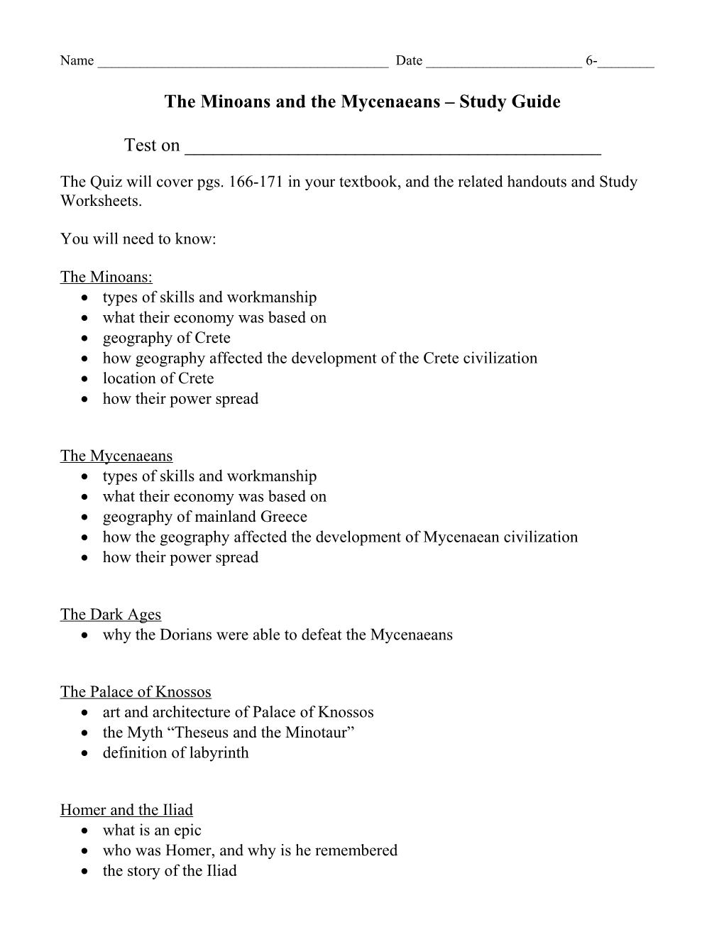 The Minoans and the Mycenaeans Study Guide