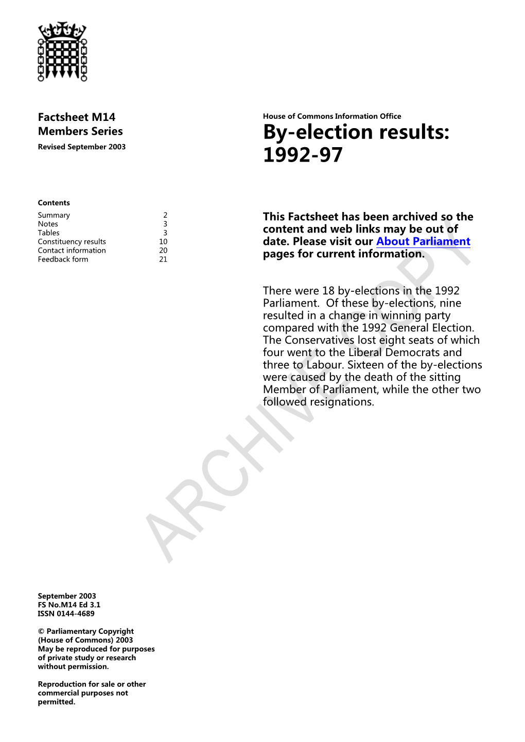 By-Election Results: Revised September 2003 1992-97