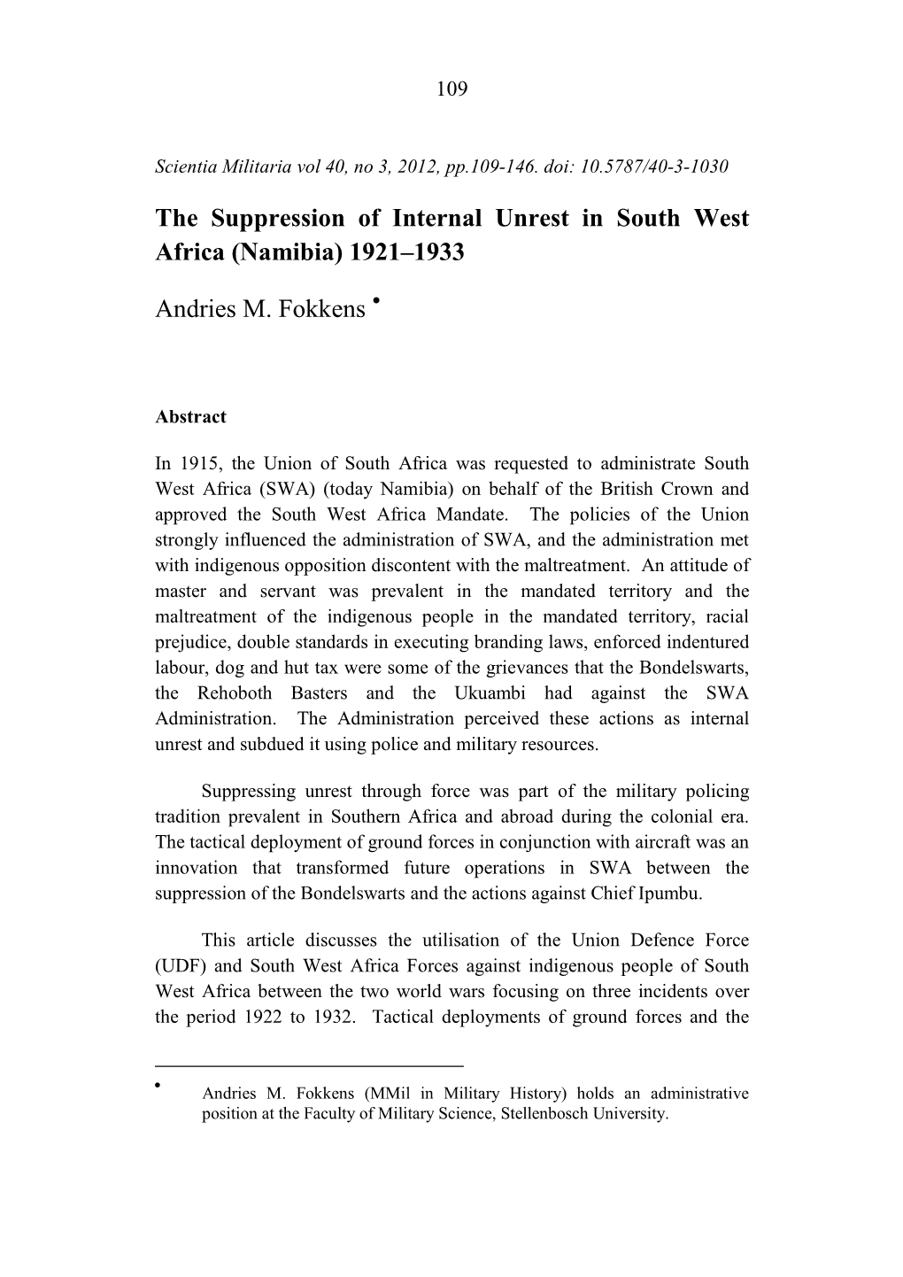 The Suppression of Internal Unrest in South West Africa (Namibia) 1921–1933