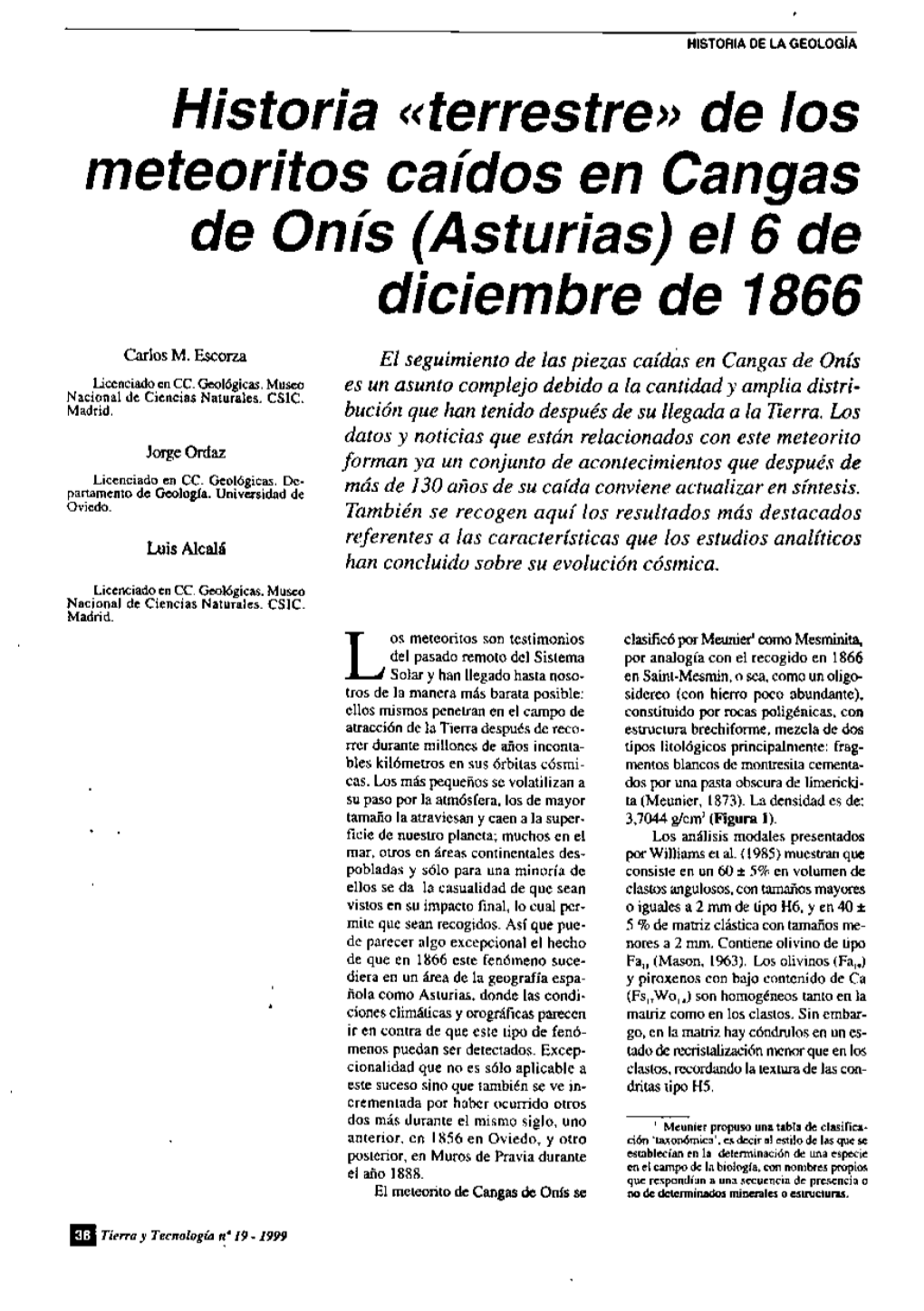 Terrestre» De Los Meteoritos Caídos En Cangas De Onís (Asturias) El 6 De Diciembre De 1866