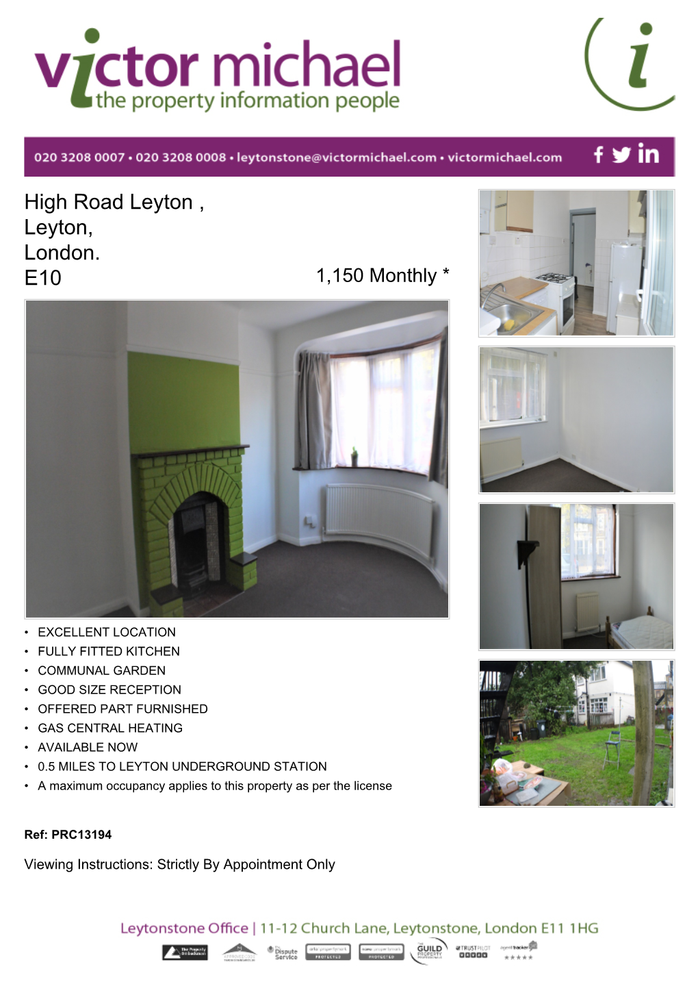 High Road Leyton , Leyton, London. E10 1,150 Monthly *