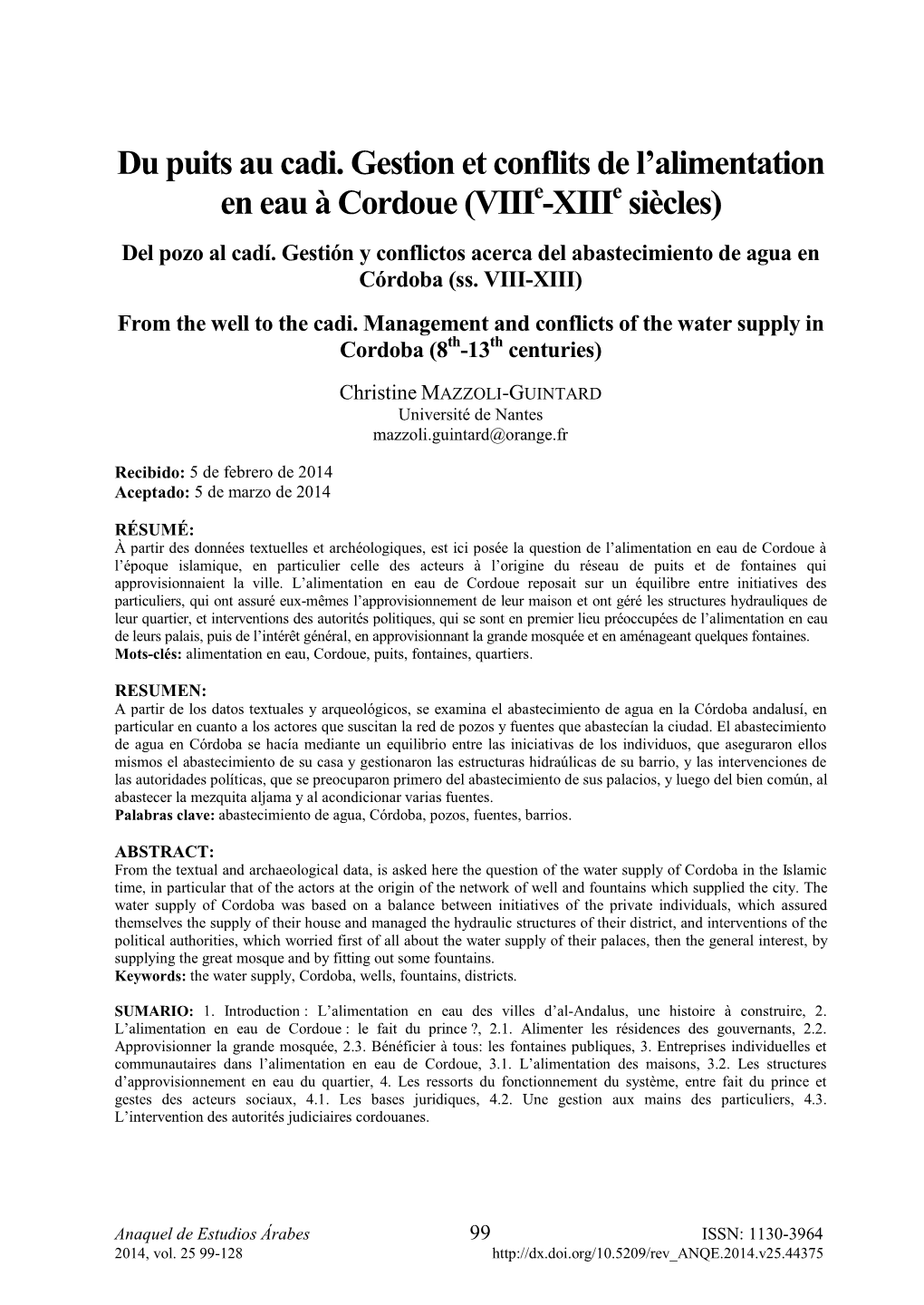 Du Puits Au Cadi. Gestion Et Conflits De L'alimentation En Eau À Cordoue (Viiie-Xiiie Siècles)