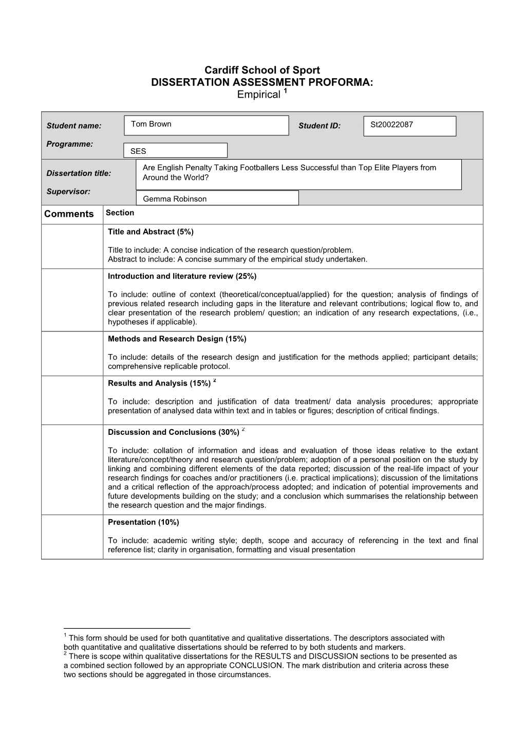 Cardiff School of Sport DISSERTATION ASSESSMENT PROFORMA: Empirical 1