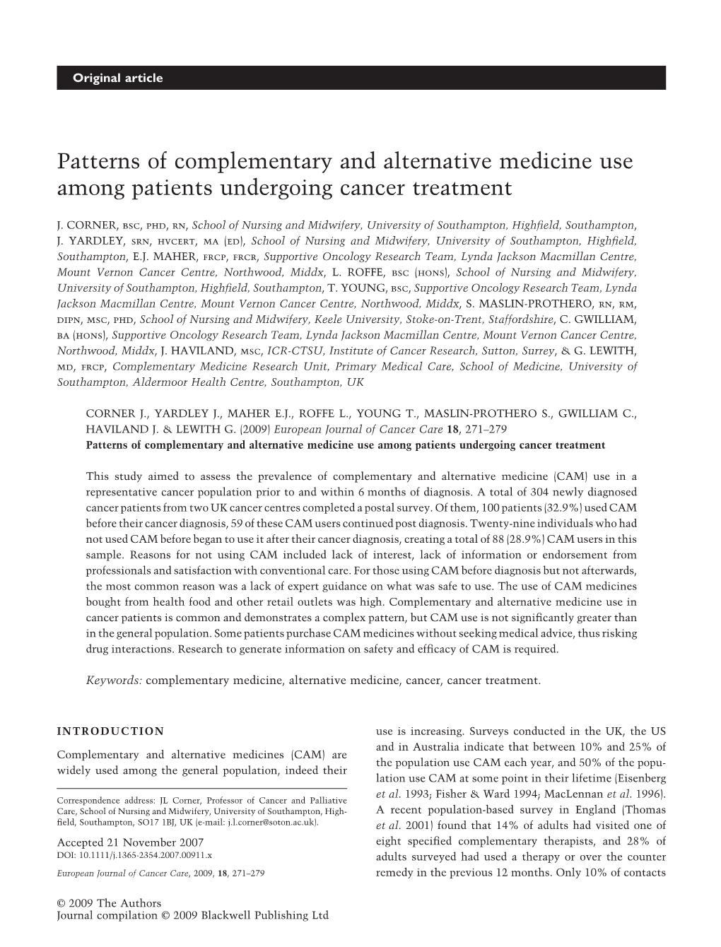 Patterns of Complementary and Alternative Medicine Use Among Patients Undergoing Cancer Treatment