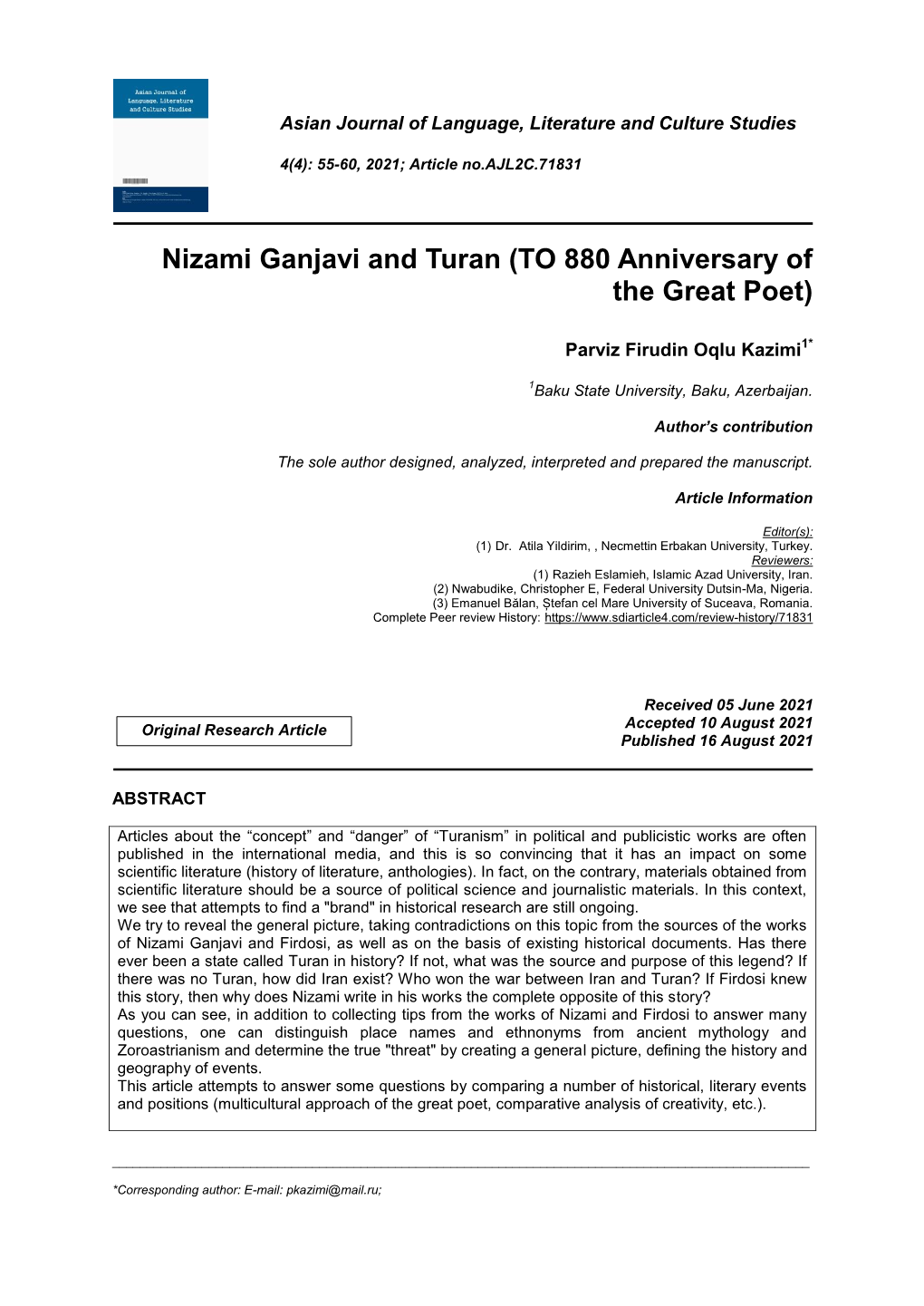 Nizami Ganjavi and Turan (TO 880 Anniversary of the Great Poet)