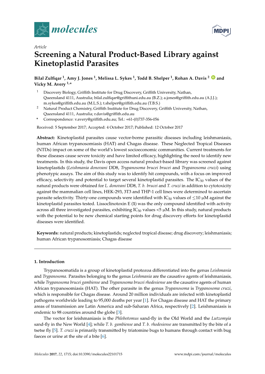 Screening a Natural Product-Based Library Against Kinetoplastid Parasites