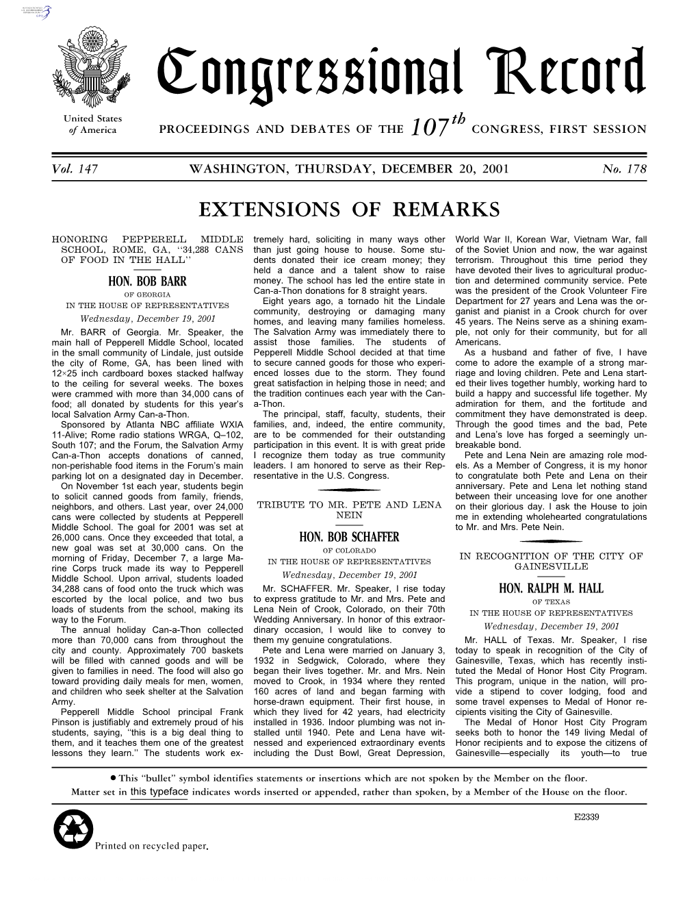 Congressional Record United States Th of America PROCEEDINGS and DEBATES of the 107 CONGRESS, FIRST SESSION