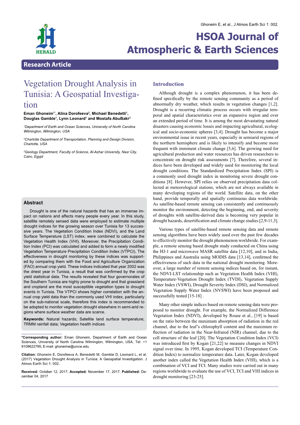 Vegetation Drought Analysis in Tunisia: a Geospatial Investiga- Tion