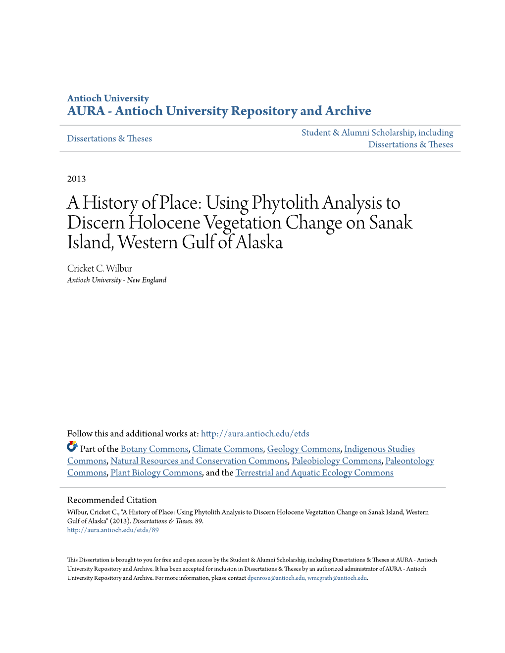 Using Phytolith Analysis to Discern Holocene Vegetation Change on Sanak Island, Western Gulf of Alaska Cricket C