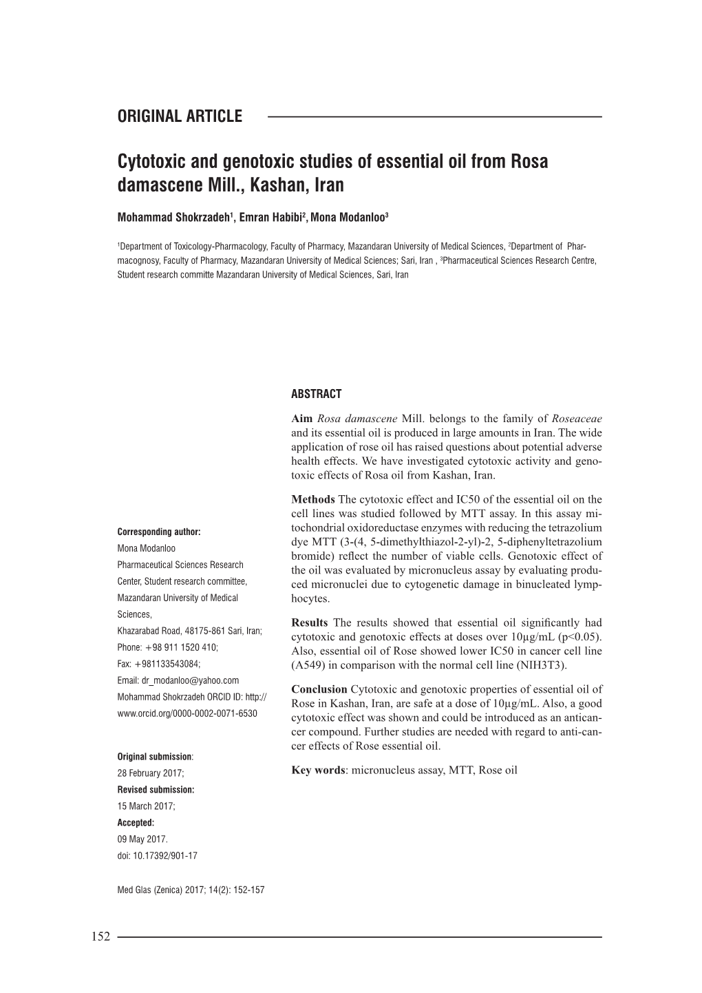 Cytotoxic and Genotoxic Studies of Essential Oil from Rosa Damascene Mill., Kashan, Iran