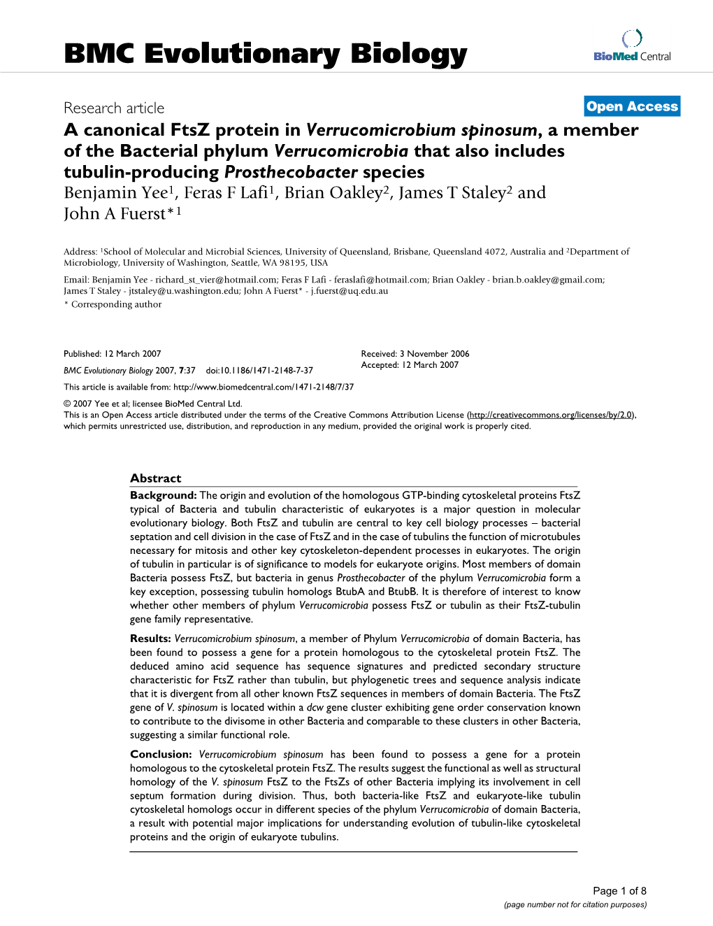 A Canonical Ftsz Protein in Verrucomicrobium Spinosum, A