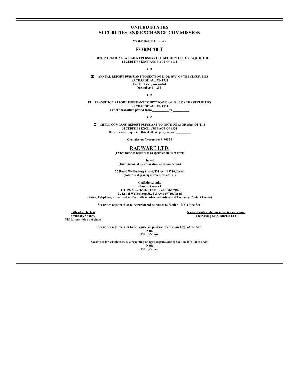 Form 20-F Radware Ltd