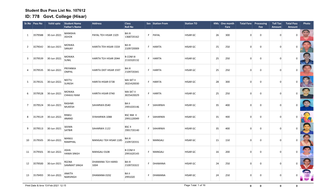 Student Bus Pass List No. 107612 ID: 778 Govt