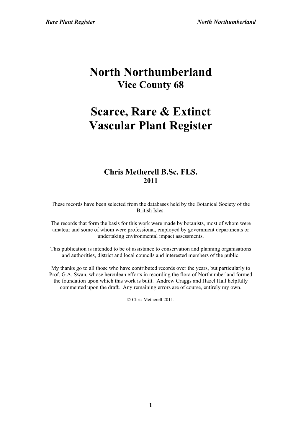 North Northumberland Scarce, Rare & Extinct Vascular Plant Register